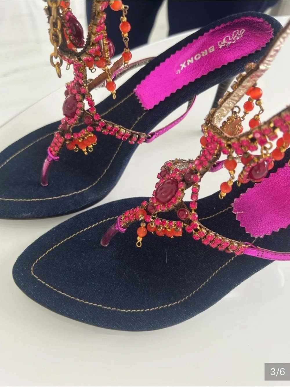 Bronx Embellished Denim Thong Sandals in Pink and Coral